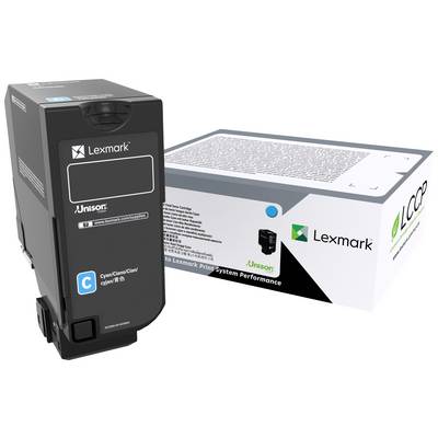 'Darstellung einer Lexmark-Druckerpatrone mit Verpackung. Die Patrone ist schwarz mit blauen Akzenten und das Logo ist gut sichtbar.'