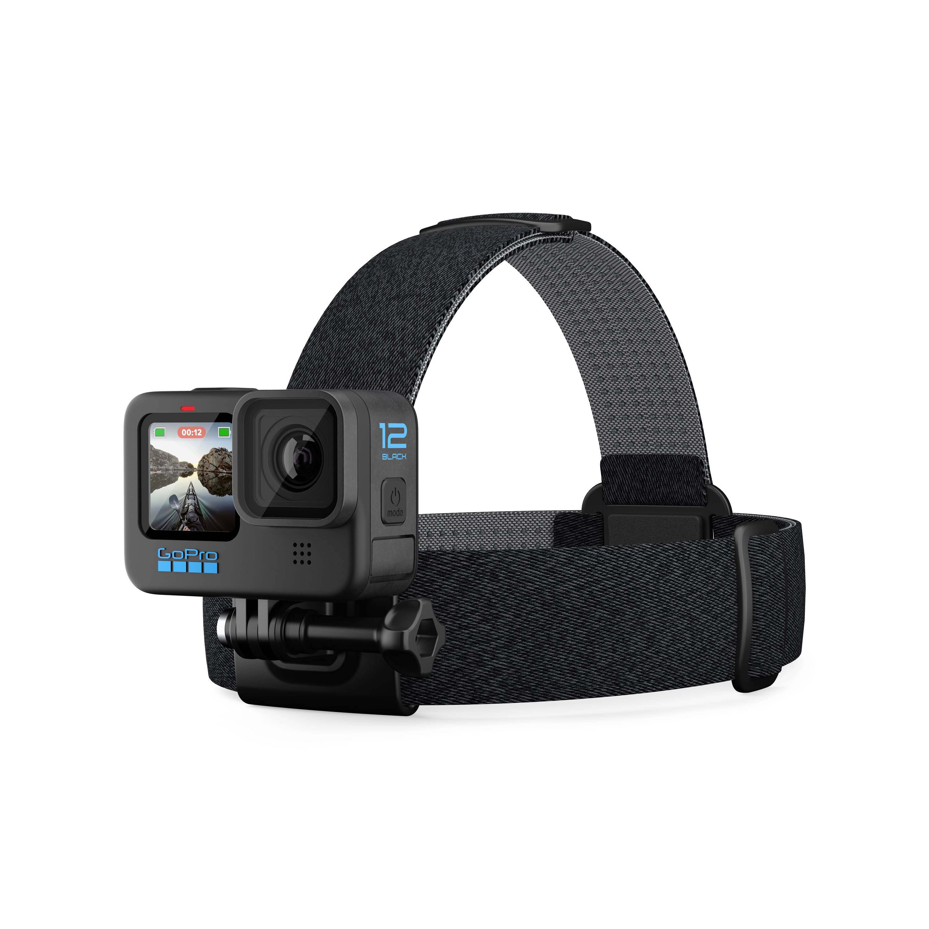 Kamera mit Kopfbandhalterung für freihändiges Filmen, ideal für Actionaufnahmen. Zeigt Statusanzeige und 'GoPro Hero 12'-Logo.