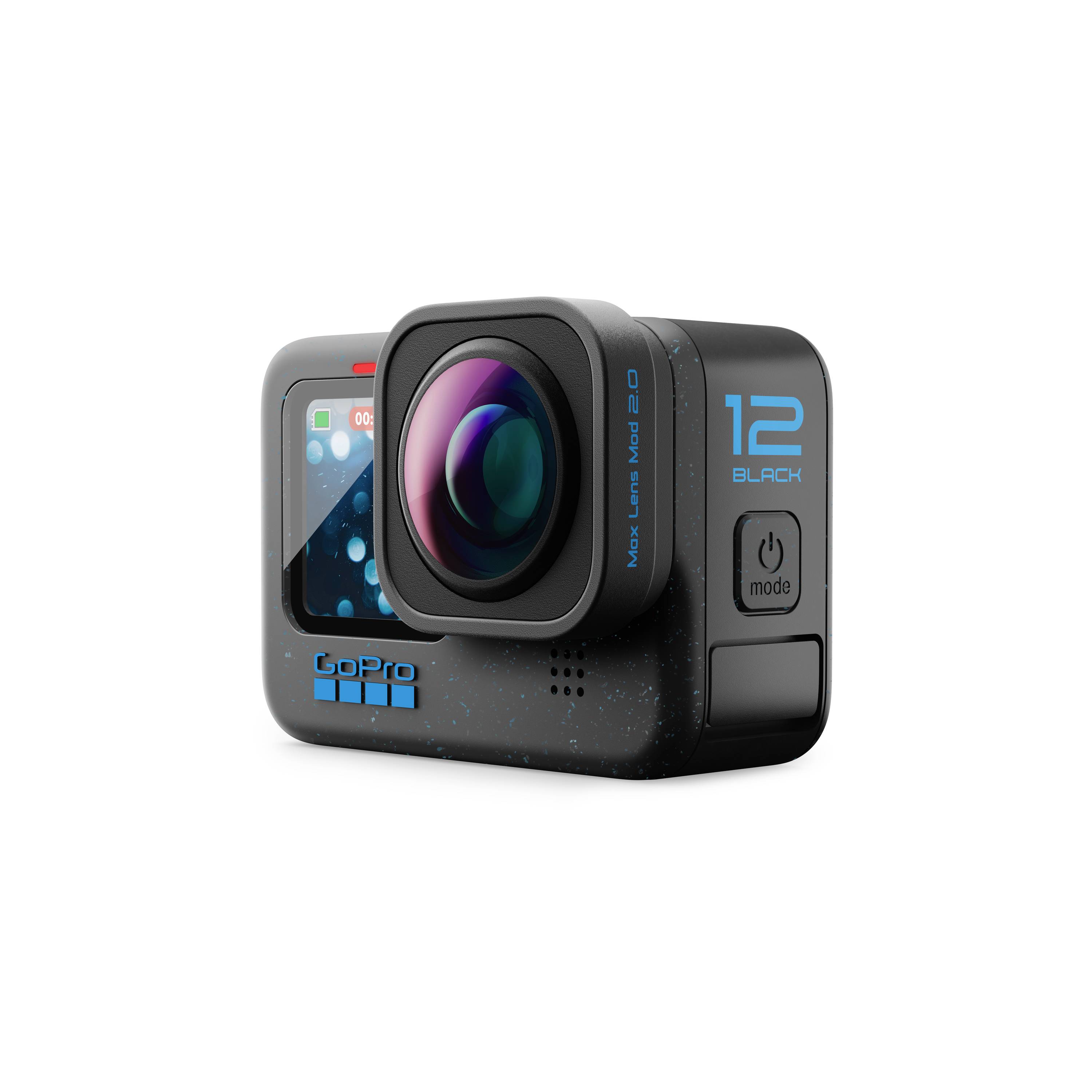 Eine schwarze Action-Kamera mit Frontdisplay und großem Objektiv, darauf steht 'GoPro' und '10 Black' in blauer Schrift.