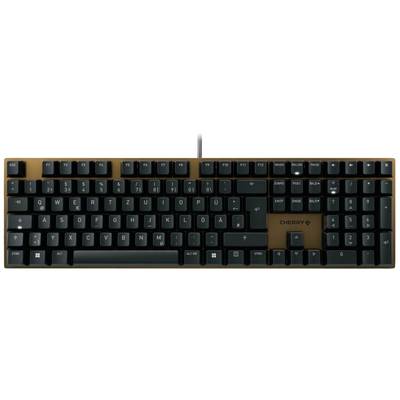 Computertastatur in deutscher QWERTZ-Anordnung mit einem Nummernblock auf der rechten Seite. Schwarze Tasten, braune Grundplatte.