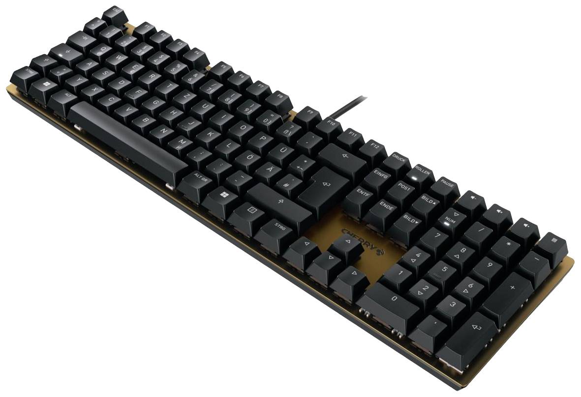 Mechanische Tastatur mit schwarzem Gehäuse und kabelgebundener Verbindung. Die Tasten sind erhöht für bessere Haptik.