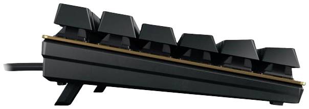 Seitenansicht einer schwarzen mechanischen Tastatur mit hochgelegten Tasten und anhebbaren Füßen zur ergonomischen Anpassung.