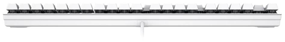 Weiße Computertastatur, seitliche Ansicht, zeigt die Tastenanordnung und den USB-Anschluss an der Unterseite.