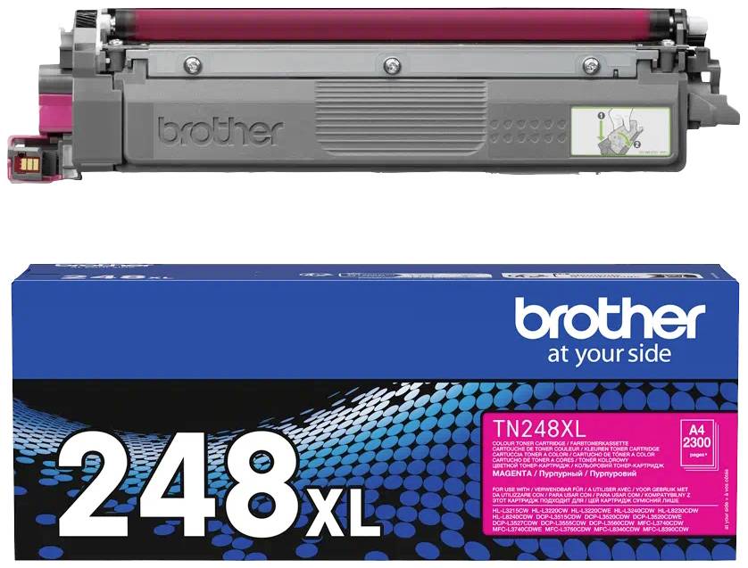 Brother TN248XL Magenta Tonerkartusche und Verpackung. Hochkapazitätsdruck für bis zu 2300 Seiten in Farbe.