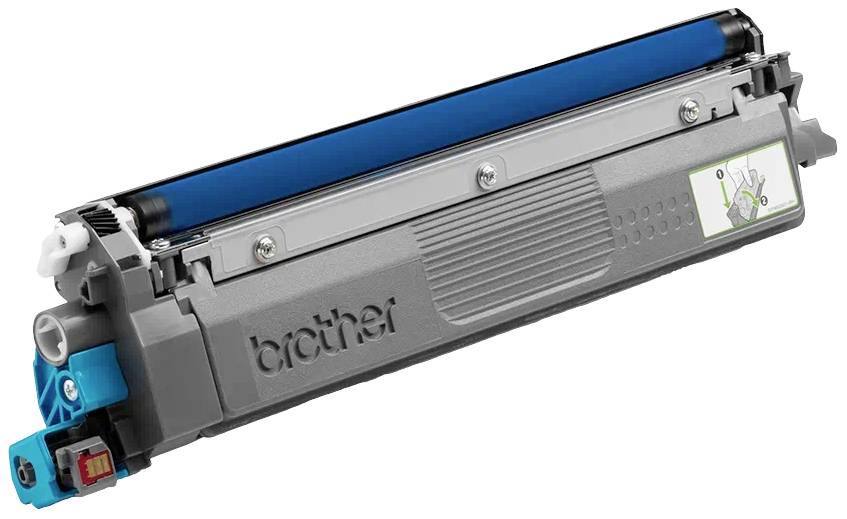 'Grauer Brother-Tonerbehälter mit blauen und schwarzen Elementen, geeignet für Drucker, mit einem Beschriftungsetikett auf der Seite.'