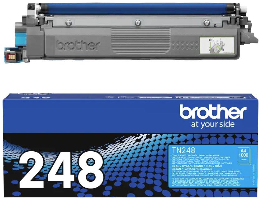 'Drucker-Tonerpatrone von Brother, Modell TN248. Verpackung mit blauem Design und Spezifikationen für verschiedene Druckfarben.'