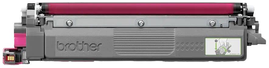 Magenta Tonerkartusche von Brother, graue Hülle mit Aufdruck und farbigem Chip, zeigt einen kleinen Ausschnitt einer Anleitung.