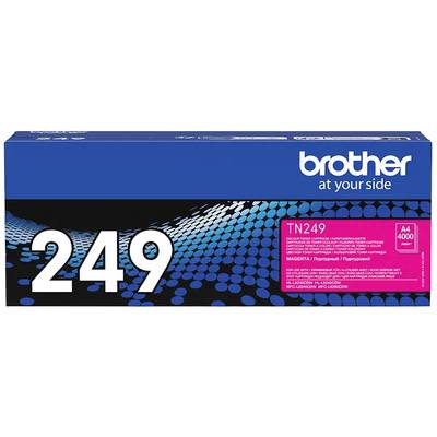 Verpackung eines Brother TN-249 Toners in Magenta, für ca. 4.000 Seiten. Der Hintergrund ist blau mit schwarzen und blauen Mustern.