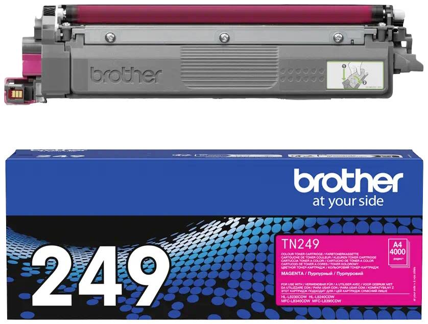 Druckerpatrone Brother TN249 in Magenta, geeignet für Brother-Drucker. Verpackung und Patrone abgebildet. Kapazität bis zu 4000 Seiten.