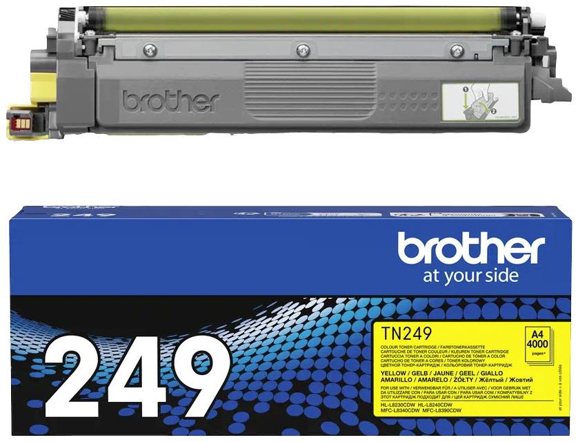 Druckerpatrone 'Brother TN-249' in Gelb für A4, Reichweite bis zu 4000 Seiten. Verpackung mit blauem Design und Markenlogo.
