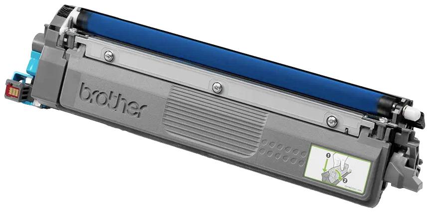 Drucker-Tonerpatrone von Brother, graues Gehäuse mit blauer Schutzkappe. Anleitung zur Installation abgebildet an der Seite.