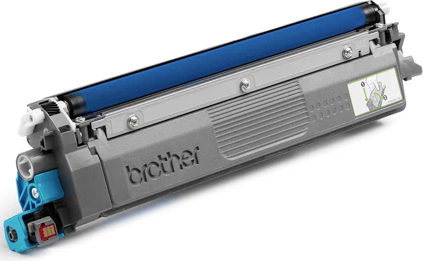 Eine graue Brother-Tonerkartusche mit blauen und schwarzen Details, verwendet in Laserdruckern zur Ausgabe gedruckter Dokumente.