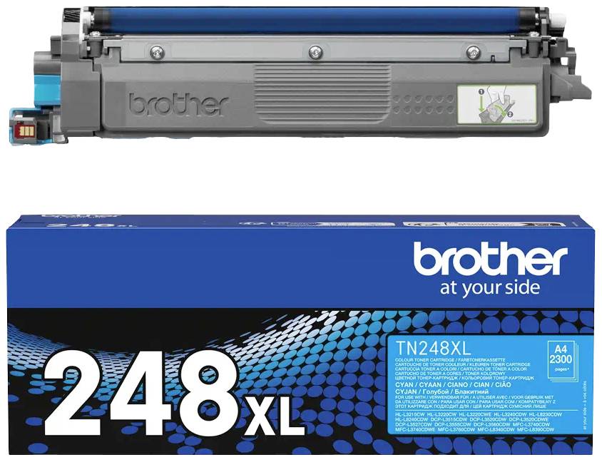 'Druckerpatrone Brother TN248XL in Cyan. Verpackung zeigt Kapazität von 2300 Seiten und Produktname 248XL. Markenlogo oben links.'