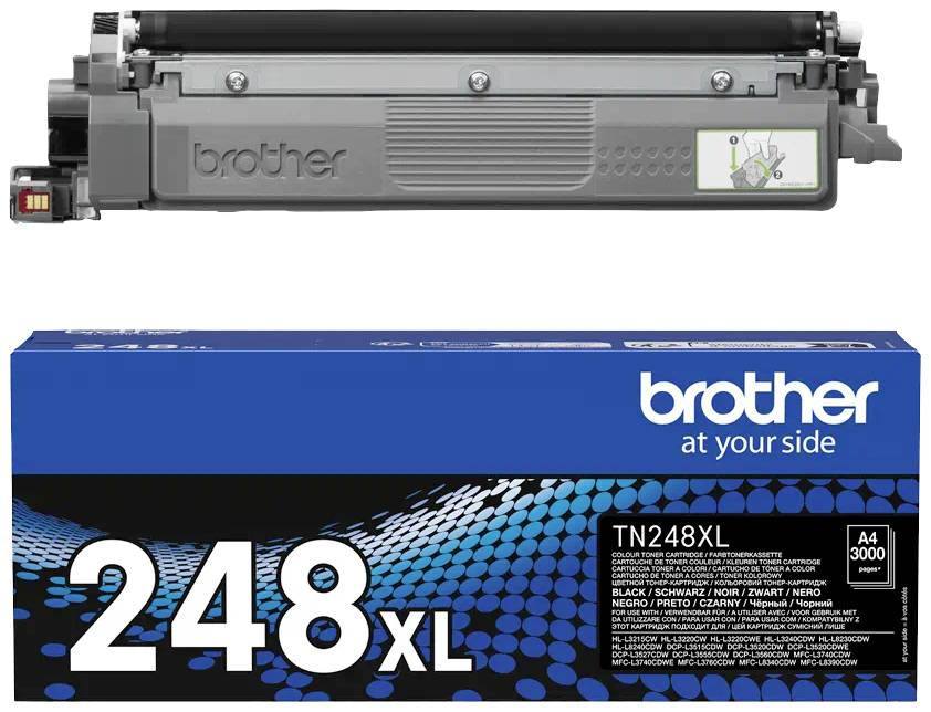 Eine Brother TN248XL Tonerkartusche und ihre Verpackung. Die Verpackung zeigt '248XL' in großen Zahlen und listet die Farbvarianten auf.