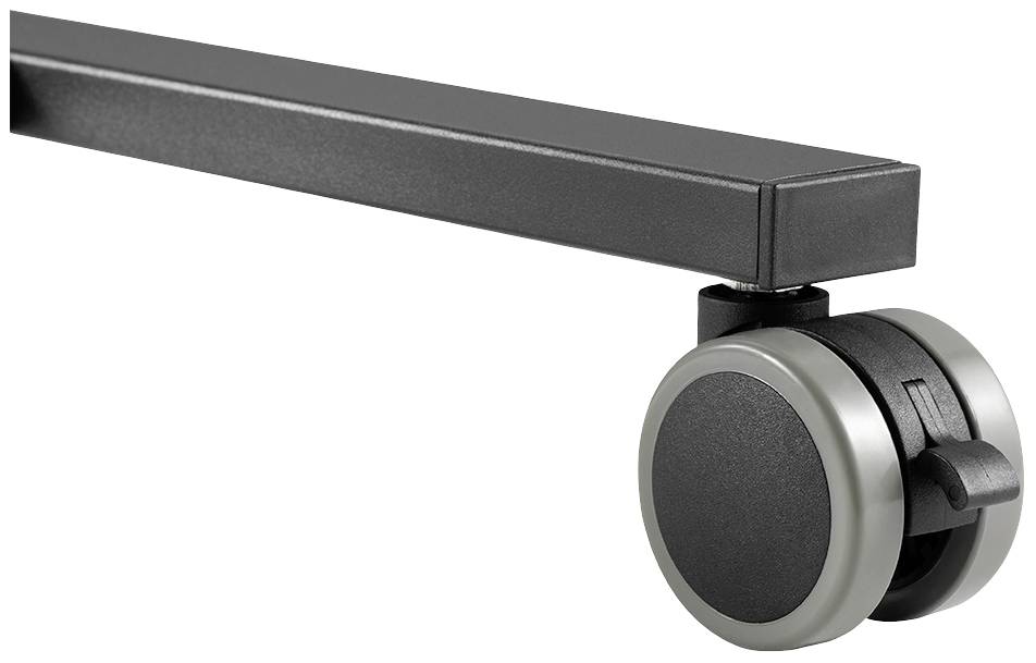 Schwarzes Stuhlbein mit doppelter Rolle für einfache Mobilität, befestigt an Möbelrahmen, Glocke und Achse sichtbar.