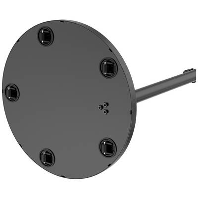Runde schwarze Metallbasis mit sechs gleichmäßig verteilten Schraubbefestigungen und einem angeschlossenen zylindrischen Stab.