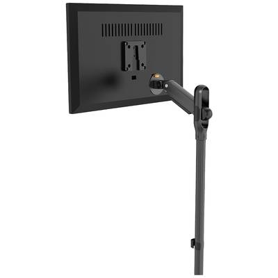 Ein schwarzer Monitor an einer verstellbaren Wandhalterung. Monitorkabel sind angeschlossen. Die Halterung ist vertikal ausgerichtet.