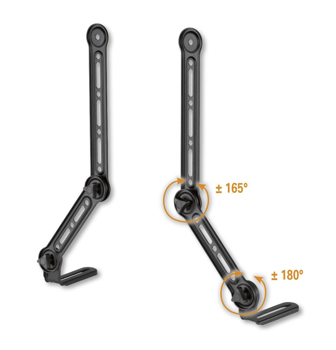 Zwei schwarze Gelenkarme in verschiedenen Winkeln positioniert: links bei ±165°, rechts bei ±180°. Geeignet für flexible Montagen.