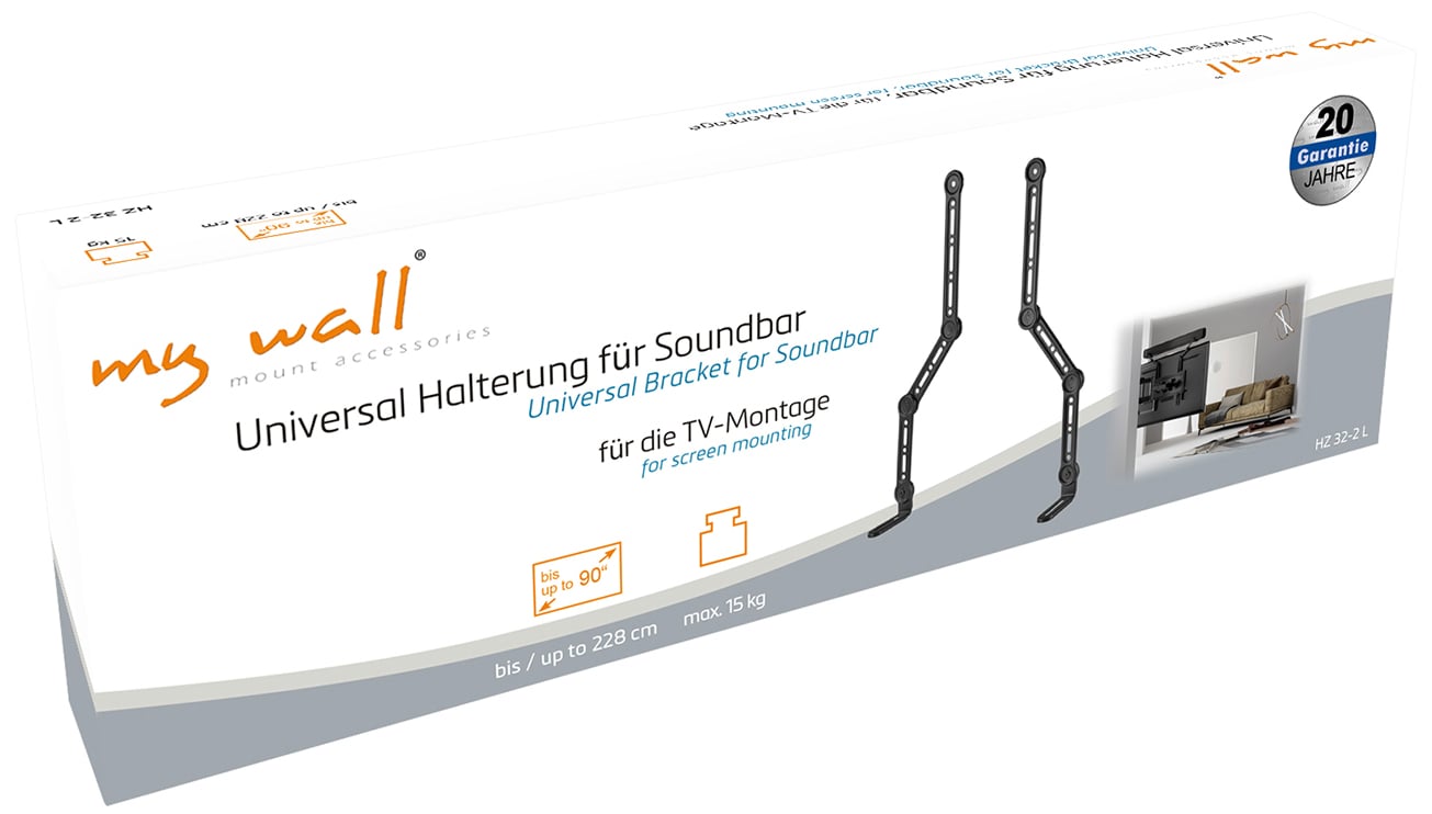 'My Wall Universalhalterung für Soundbar' - Verpackung für eine verstellbare Soundbar-Halterung zur Bildschirmmontage, bis 15 kg.