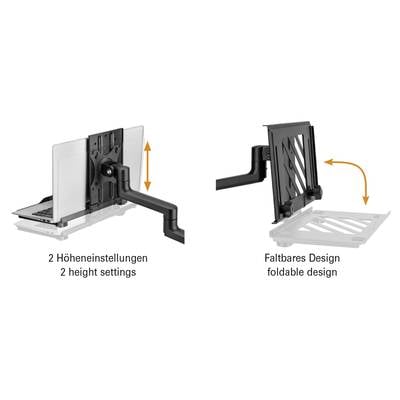 'Laptop-Halterung mit zwei Höheneinstellungen und faltbarem Design zur einfachen Anpassung und Lagerung.'