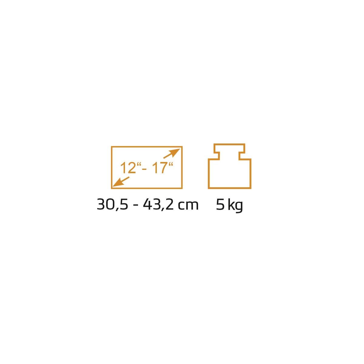 'Tabletgrößen: 30,5-43,2 cm (12"-17"). Gewicht: 5 kg.'
