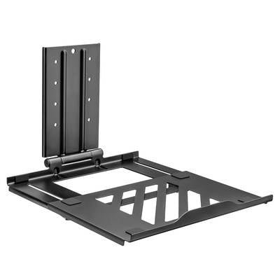 Schwarze Laptop-Halterung an einer Wand montiert, mit verstellbaren Schienen und einem stabilen Untergestell. Ideal zur Platzersparnis.