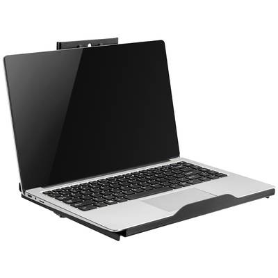 Silberner Laptop mit schwarzem Bildschirm und Tastatur, geöffnet in seitlicher Ansicht. Hinter dem Laptop befindet sich eine Halterung.