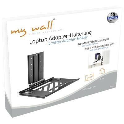 'Laptop Adapter-Halterung' Verpackung zeigt Halterung für Monitorarme, mit 2 Höheneinstellungen und kompatibel mit Laptops 12"-17".