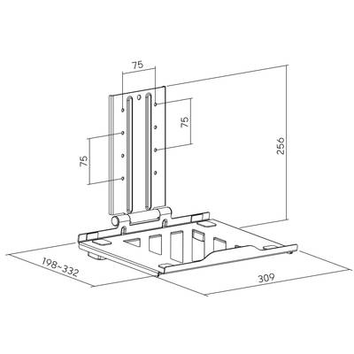 Technische Zeichnung eines verstellbaren Metallwinkels. Oben: 75x75 mm. Seite: 256 mm. Boden: 198-332 mm verlängerbar, Breite: 309 mm.