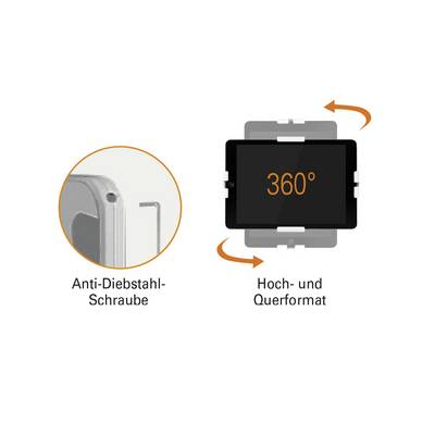 Ein Diagramm zeigt ein Tablet-Halterungssystem. Links eine Anti-Diebstahl-Schraube, rechts das Tablet, das um 360 Grad drehbar ist.