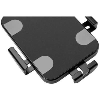 Schwarze, rechteckige elektronische Vorrichtung mit vier grauen, gepolsterten Halteklammern an den Ecken.
