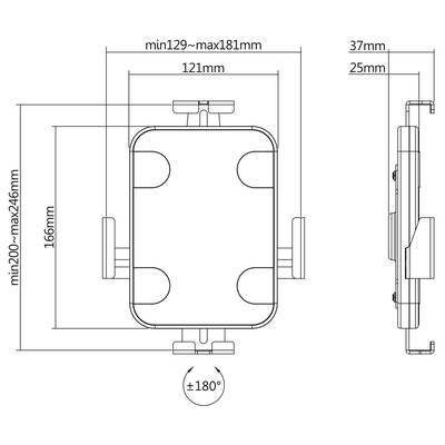 Technische Zeichnung einer rechteckigen Halterung mit Maßen; Breite 121 mm, Höhenverstellbarkeit 200-246 mm, Drehung ±180 Grad.