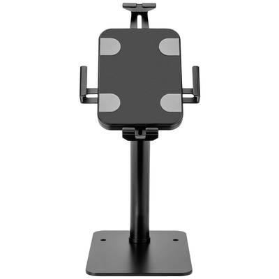 Ein schwarzer Tablet-Ständer mit Höhenverstellung und Halterungen, geeignet für das Aufstellen von Tablets oder iPads auf einem Tisch.