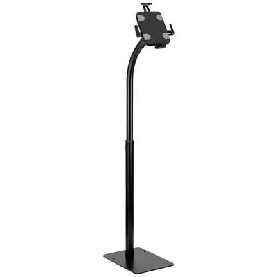 Ein schwarzer, verstellbarer Tablet-Ständer mit stabilem Sockel. Der Ständer hat einen flexiblen Hals und eine Halterung für Tablets.