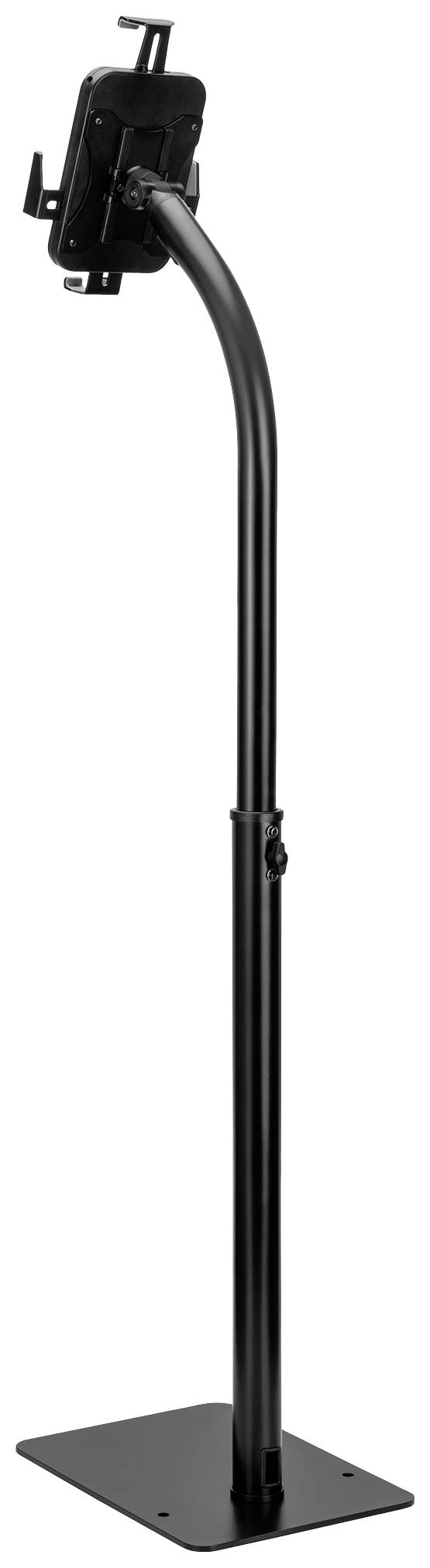 Ein schwarzer Ständer mit verstellbarer Halterung für Tablets oder Bildschirme, aufrecht stehend auf einer rechteckigen Basis.