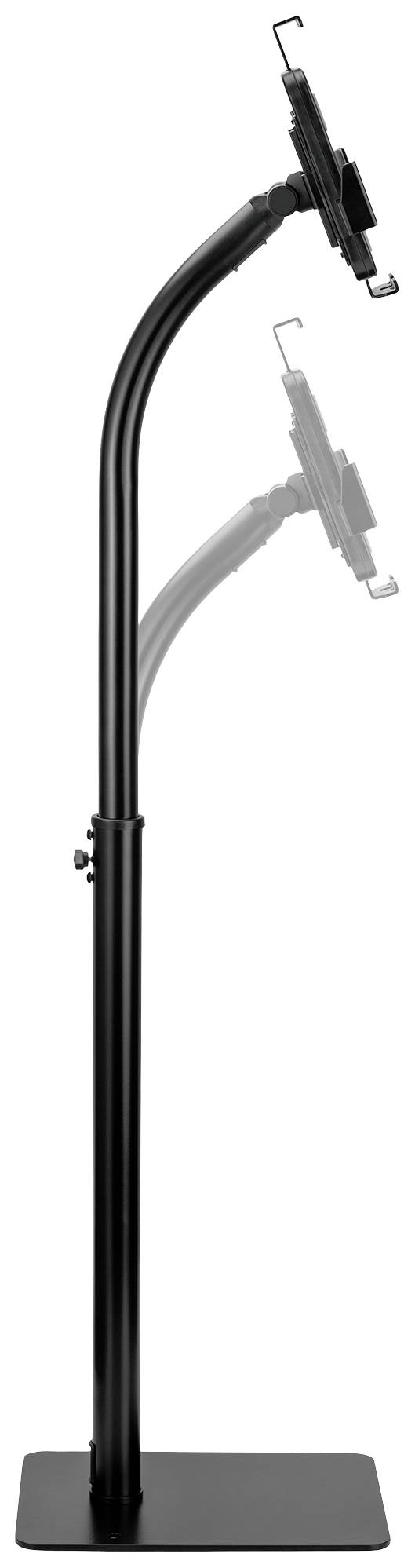 Schwarzer, verstellbarer Ständer mit Tablet-Halterung, dargestellt in aufrechter Position mit Neigungsmöglichkeiten.