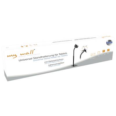 Verpackung einer Universal-Standhalterung für Tablets mit Diebstahlschutz und Höhenverstellung, 20 Jahre Garantie, Marke 'my wall'.