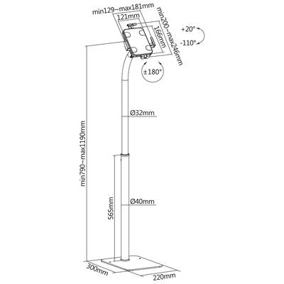 'Zeichnung eines höhenverstellbaren Tablet-Ständers mit schwenkbarem Kopf. Maße: Höhe 790-1090 mm, Fuß 300x220 mm, Rohrdurchmesser 32 mm, 40 mm. Tablethalter neigbar von -20° bis +110° und rotierbar um 180°.'