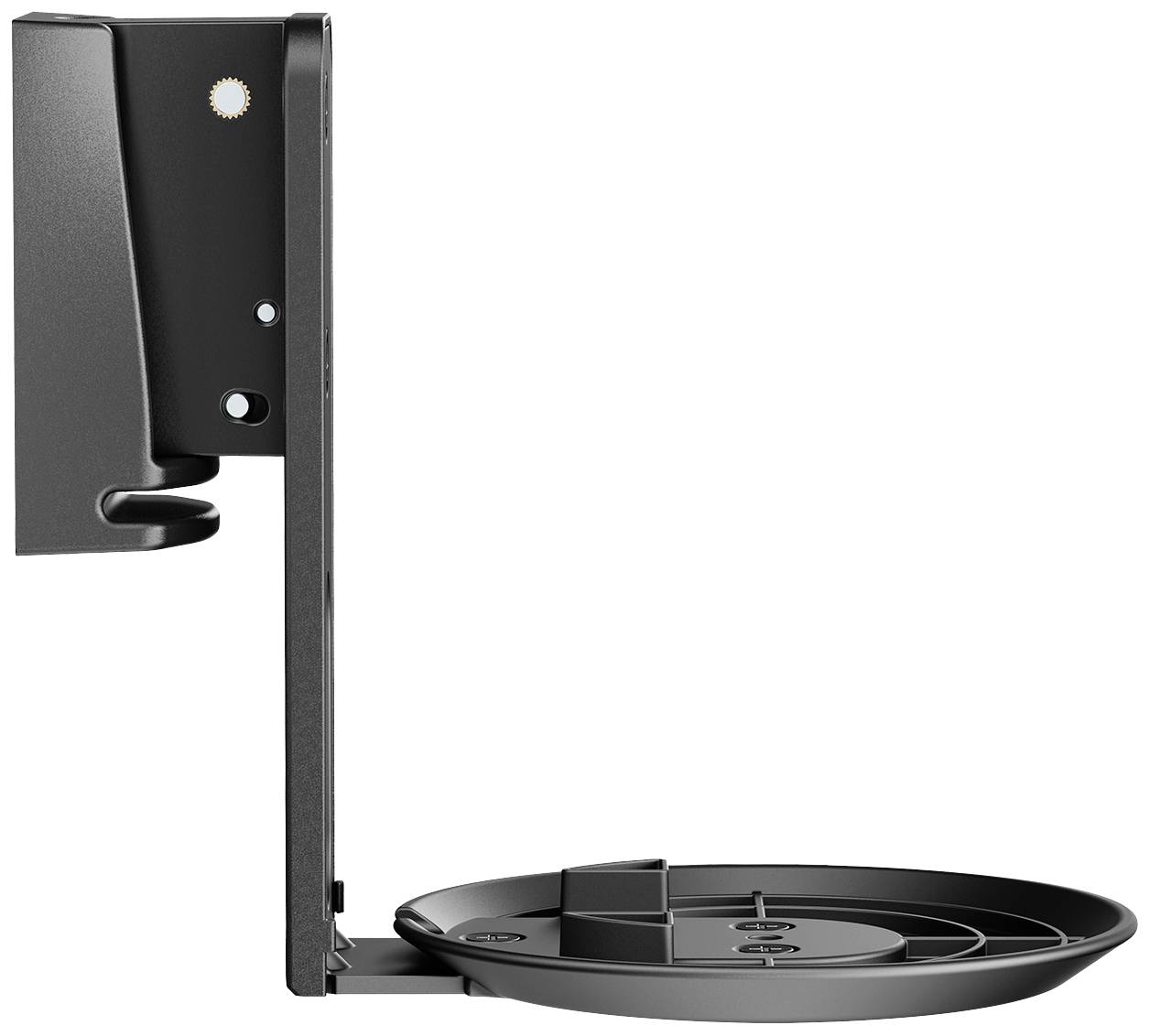 Wandhalterung für einen Lautsprecher, schwarz, mit rundem Ablagefach, seitliche Ansicht. Geeignet zur platzsparenden Montage.