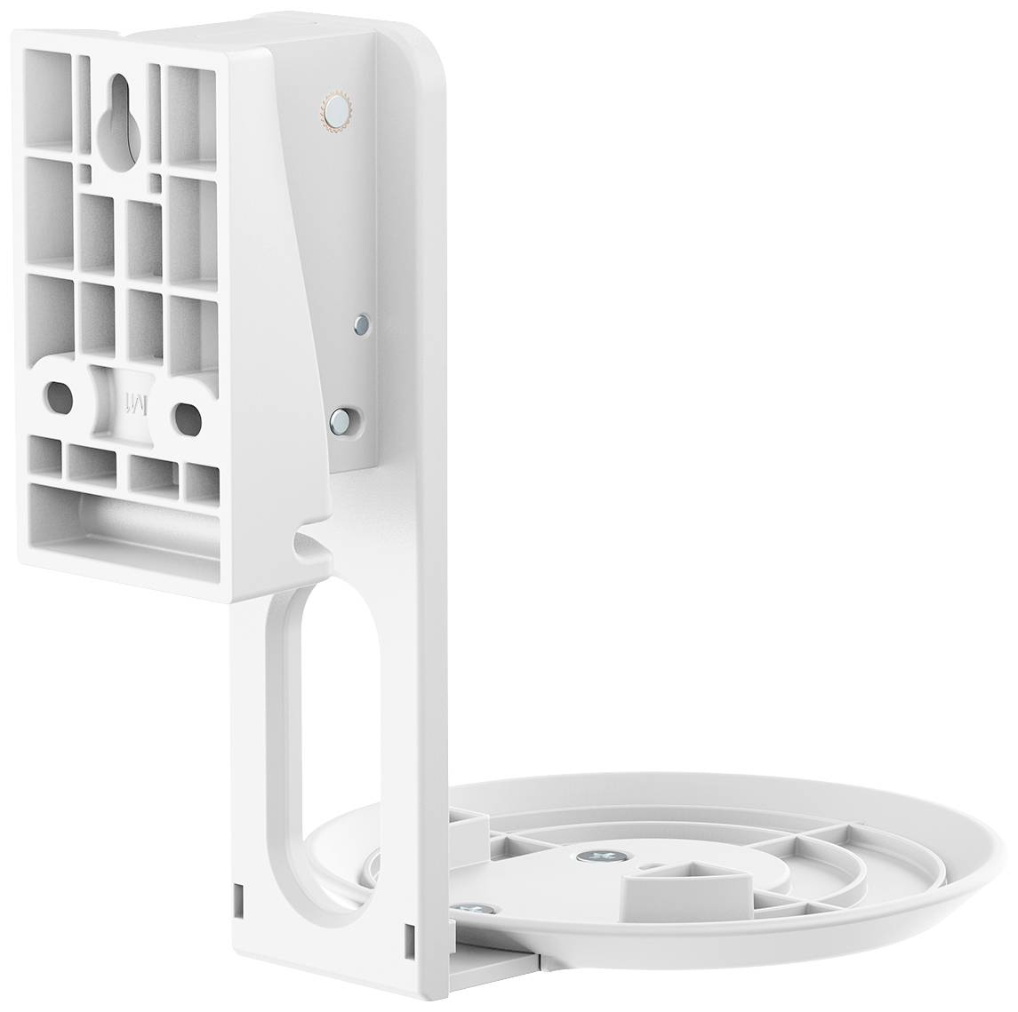 Eine weiße Kunststoffhalterung mit mehreren Befestigungslöchern und einem runden Sockel. Geeignet zur Wandmontage eines Geräts.