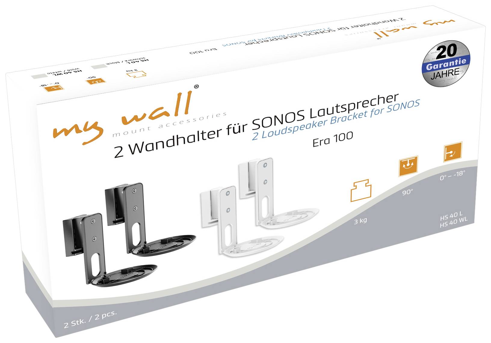 Verpackung von Wandhaltern für SONOS Lautsprecher, zeigt zwei Varianten in Schwarz und Weiß, mit 20 Jahren Garantie.