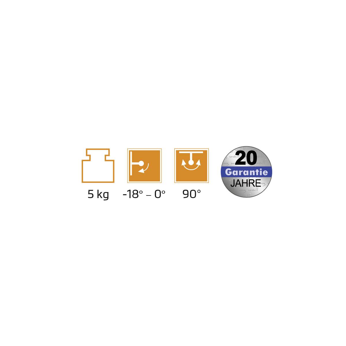 Symbole zeigen: Belastbarkeit 5 kg, Temperaturbereich -18° bis 0°, Neigungswinkel 90°, 20 Jahre Garantie.