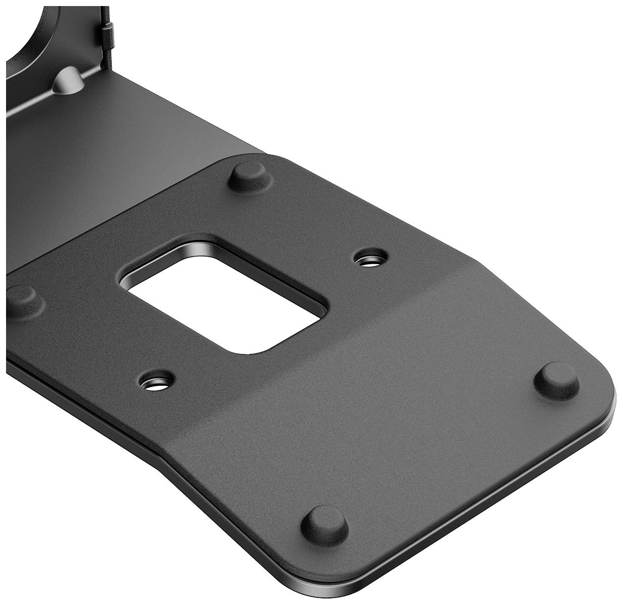 Schwarze Metallhalterung mit rechteckiger Öffnung in der Mitte und vier Schraubenlöchern an den Ecken.