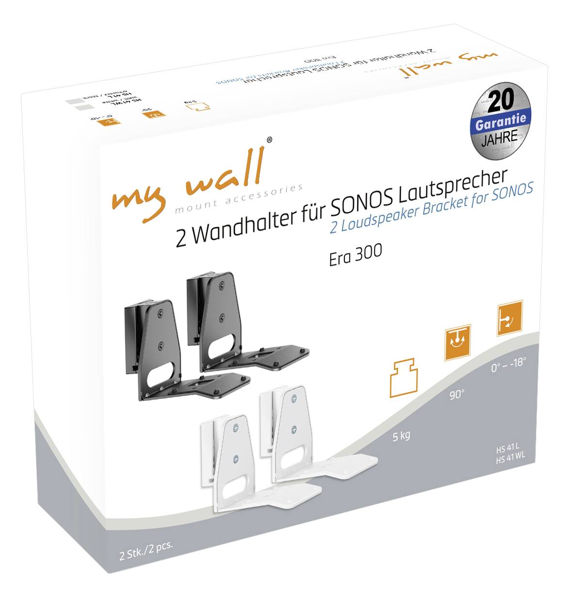 Verpackung eines Wandhalterungssets für SONOS Lautsprecher. Enthält zwei Halterungen, schwarz und weiß, geeignet für Modelle.