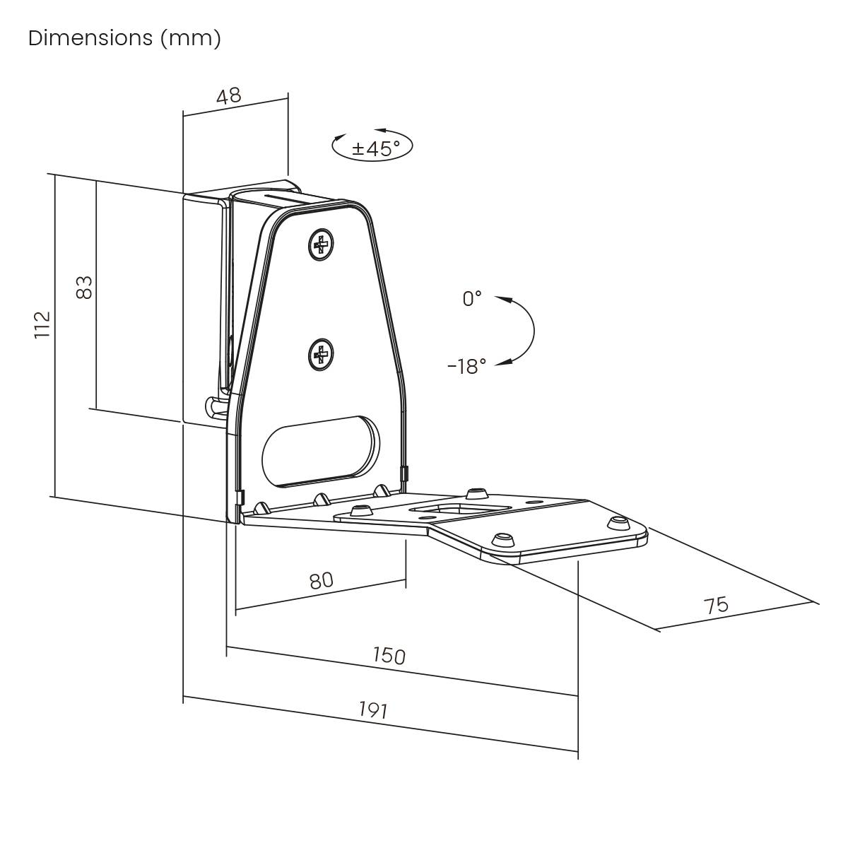 'Technische Zeichnung eines Beschlags mit Bemaßungen in Millimetern. Winkelbereich von 0° bis -18°. Höhe 112 mm, Breite 80 mm, Tiefe 191 mm.'