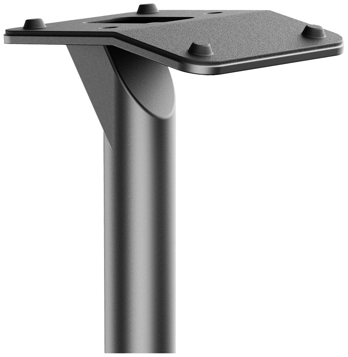 Ein schwarzer, metallener Monitorarm mit rechteckiger Plattform. Die Plattform hat vier Schrauben an den Ecken für die Befestigung.