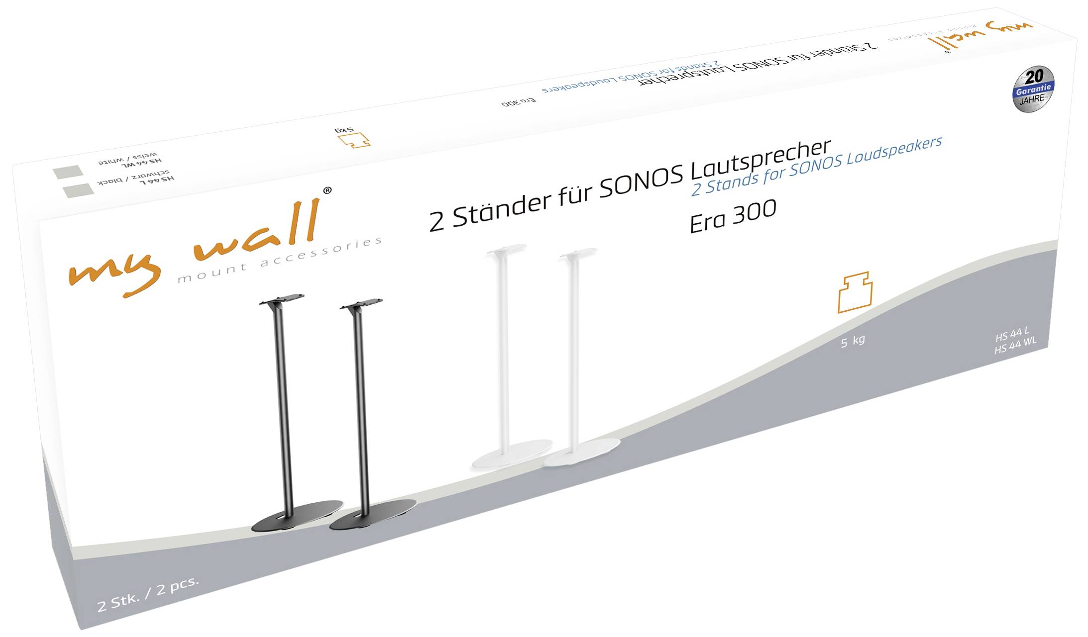 'Verpackung von my wall mit zwei Ständern für SONOS Lautsprecher, Modell Era 300, in Schwarz und Weiß. Gewicht: 5 kg.'