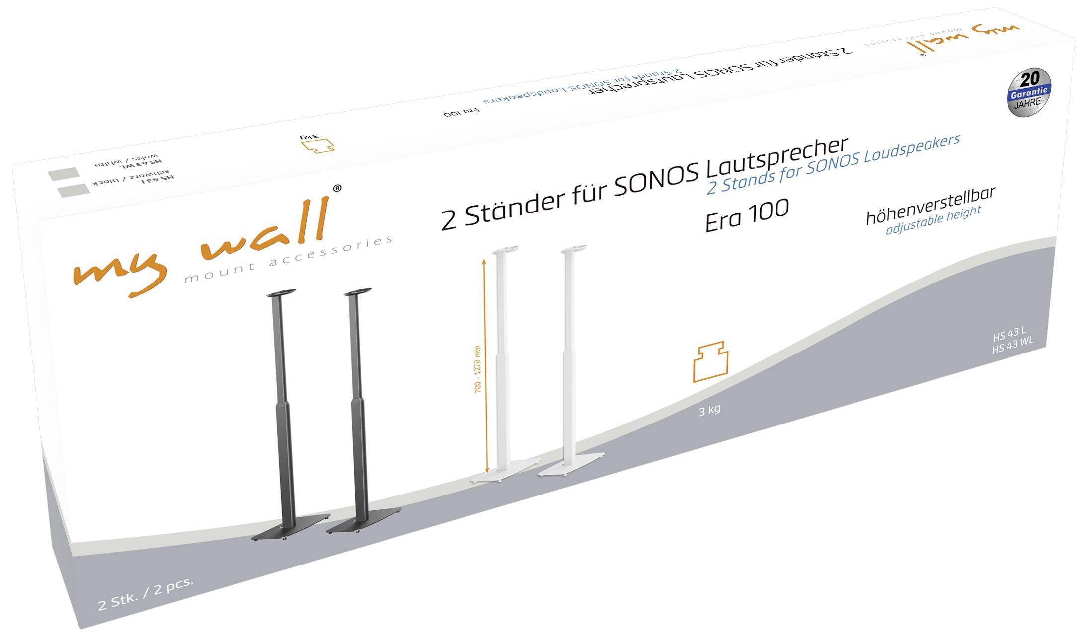 'my wall mount accessories' Verpackung mit 2 höhenverstellbaren Ständern für SONOS Lautsprecher, Modell Era 100, in Schwarz und Weiß.