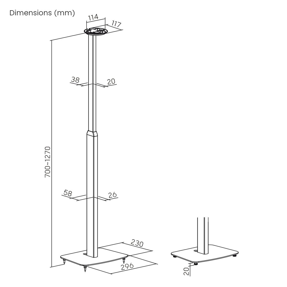 Diagramm einer höhenverstellbaren Stange mit Basis. Maße in Millimetern: Höhe 700-1270, Basis 230 x 296, Plattform 114 x 117.