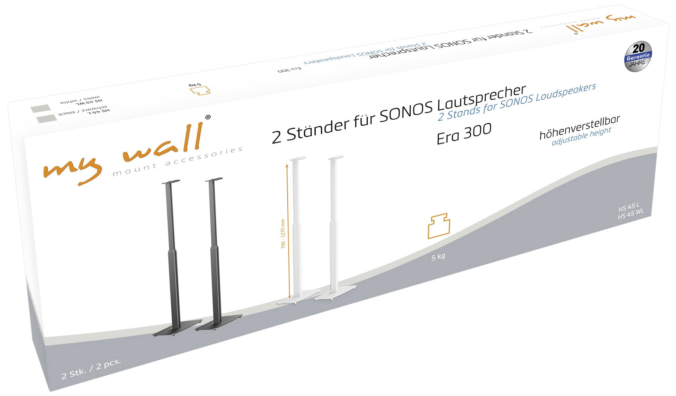 Verpackung für Lautsprecherständer mit Aufschrift '2 Ständer für SONOS Lautsprecher', Modell 'Era 300', höhenverstellbar in Schwarz und Weiß.